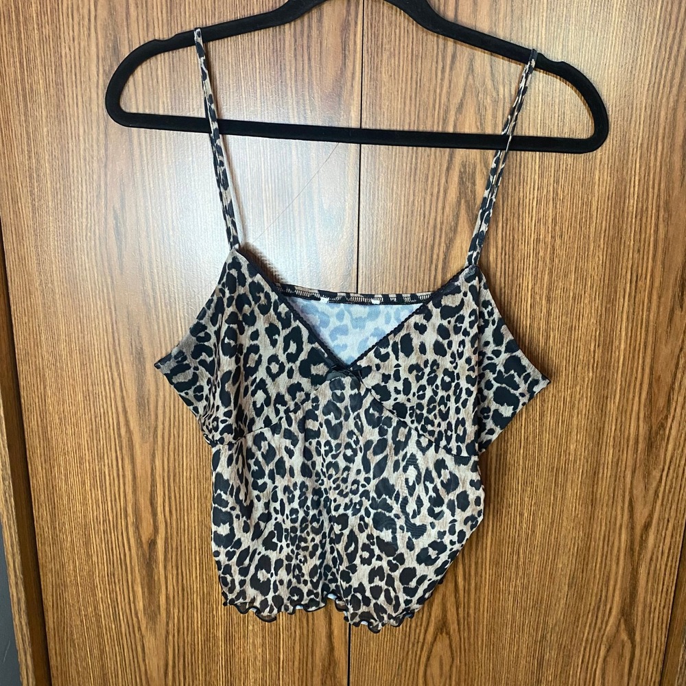 Primark Cami Top Womens L Brown Leopard Print Mesh V-Neck Lettuce Hem Bow Detail